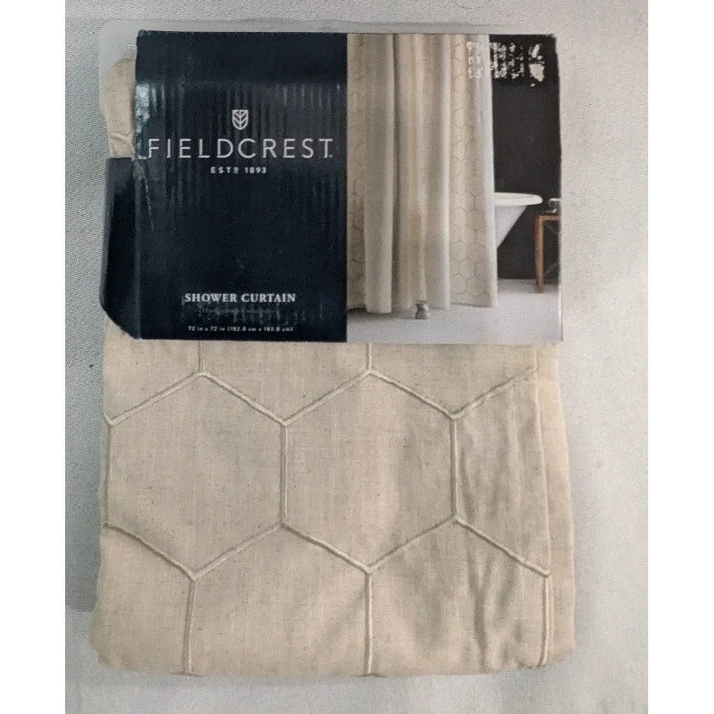 Fieldcrest Shower Curtain Unisex 72x72 Beige New Hexagon Embroidered Linen Blend